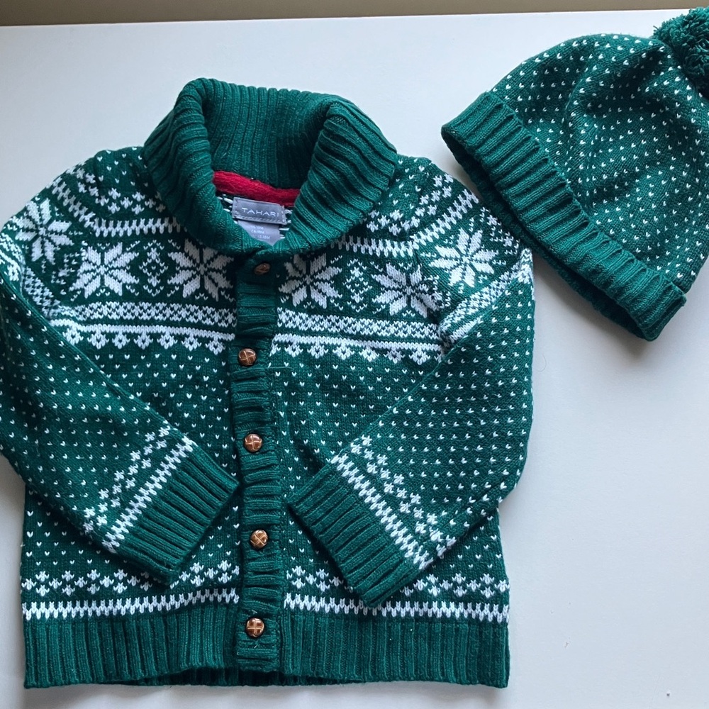 Green Snowflake Pattern Kids Cardigan and Hat Set Christmas boy or girl